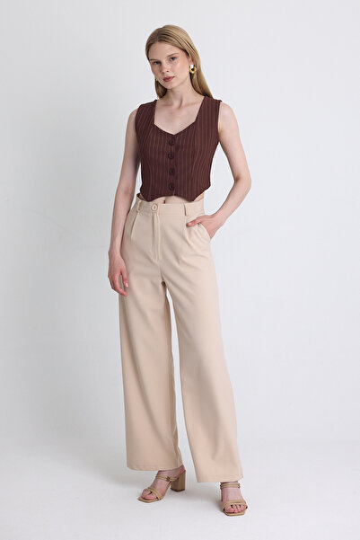 Rays Coffee Striped V-Neck Buttoned Crop Vest with Cuff Detail 4288A