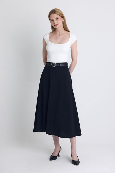 Rays Black Belted A-Line Midi Skirt 4806A