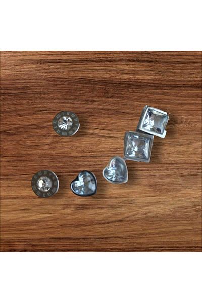 Begonia Accessories Steel Earrings Studded Set of 3 Earrings 9 mm Heart, Square and Round Middle Zircon Stone