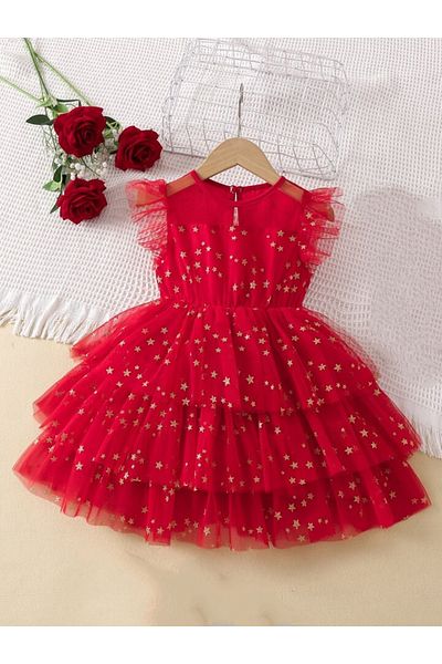 OEM Red dress with gold stars for girls made of lace/tulle in 3 layers, 98-104 cm, 4 years