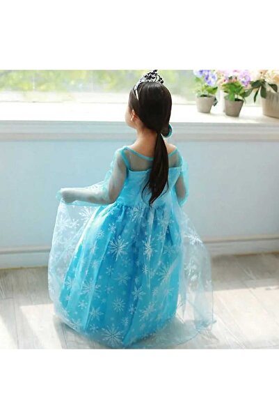 OEM Rochita Elsa cu trena si coronita, albastra, 5-6 ani, 120cm