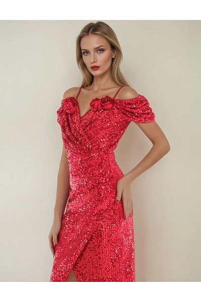 UniqueStore.ro Flaviana Red Dress, With Sequins And Floral Details