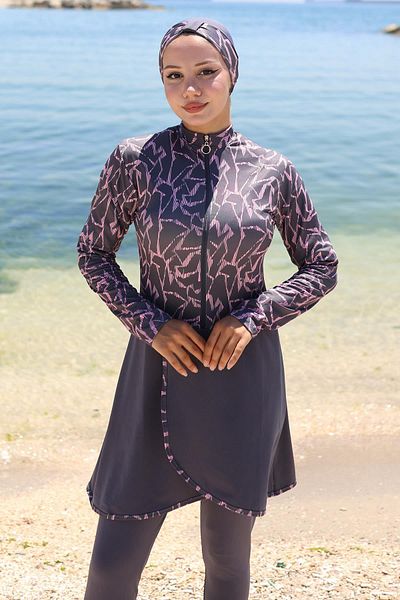 hafsamina Lycra Patterned Skirt Full Covered Swimsuit Smoked Hm2789