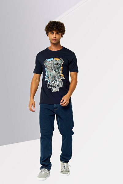 Cavalli Class Men Crew Neck Short Sleeves Graphic Print T-Shirt, Navy Blue