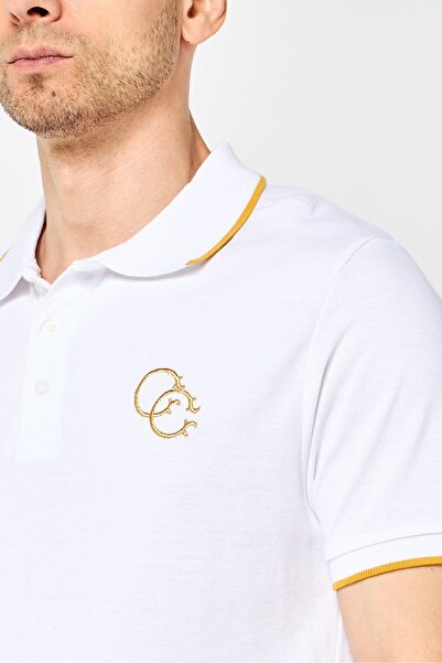 Cavalli Class Men Regular Fit Short Sleeve Embroidered Logo Polo Shirt, White