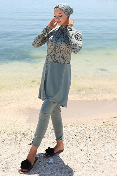 hafsamina Lycra Patterned Skirt Full Covered Swimsuit Mint Hm2789