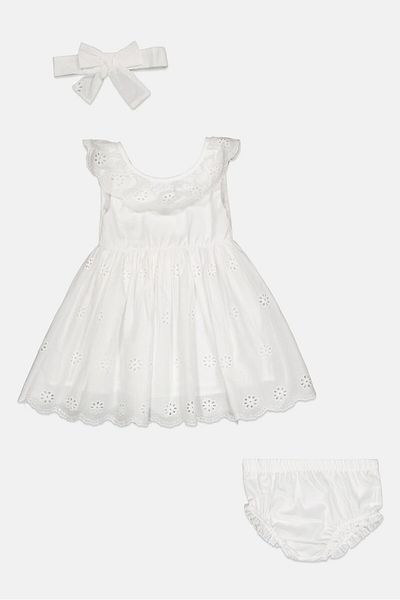 Quiltex Toddlers Girl 3 Pieces Eyelet Sleeveless Dress Set, White