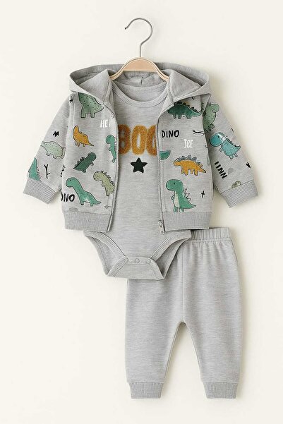 Genel Markalar Babyblue Erkek Bebek Dinozorlu Hırkalı 3lü Takım Fermuarlı Kapüşonlu Hırka %100 Pamuklu
