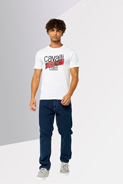 Cavalli Class Men Crew Neck Short Sleeves Graphic Print T-Shirt, White