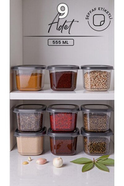 Justyol Set of 9 Bowl Square Storage Containers with Labels 550 ml - Spice and Food Organizer