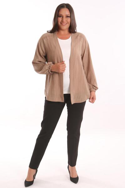 Metpoint Trend42plus Büyük Beden Kumaşı Çizgili Kolları Lastikli Oversize Kahverengi Ceket