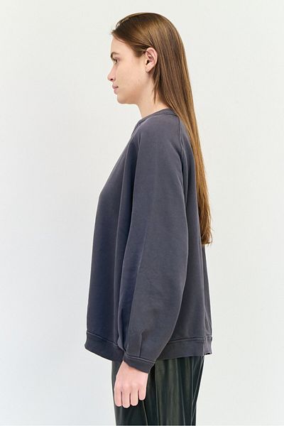 aerie Women Ribbed Collar Plain Long Sleeve Sweatshirt, Dark Grey