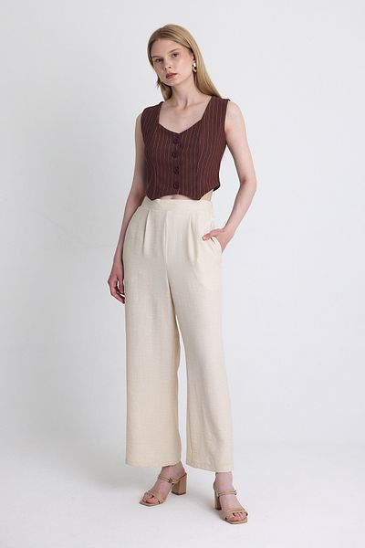 Rays Beige High Waist Front Pleat Detail Cotton Wide Leg Pants 8014A