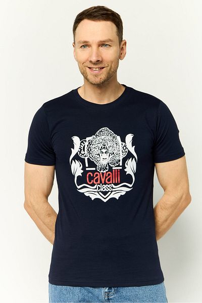 Cavalli Class Men Crew Neck Short Sleeves Graphic Print T-Shirt, Navy