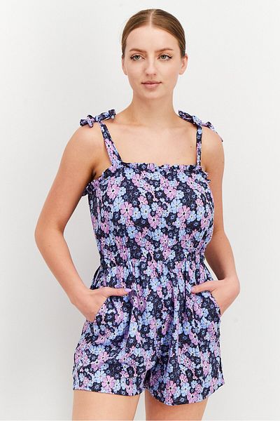 Sinsay Women Floral Print Sleeveless Playsuits, Black/Purple Combo