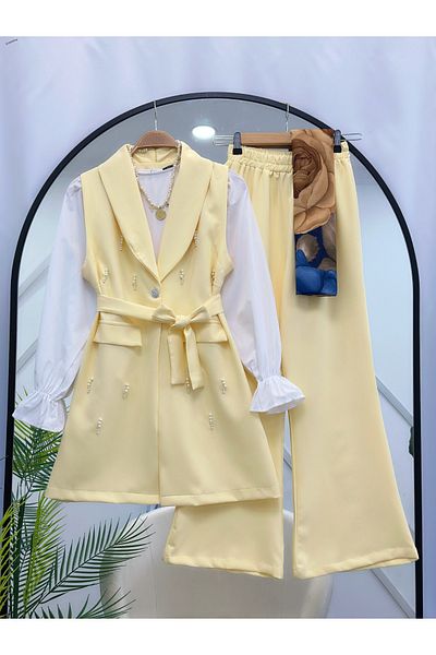 YEDİLALE Pearl Embroidered Vest Pants Double Set [Including Jacket,Pants, Sash in Price]]