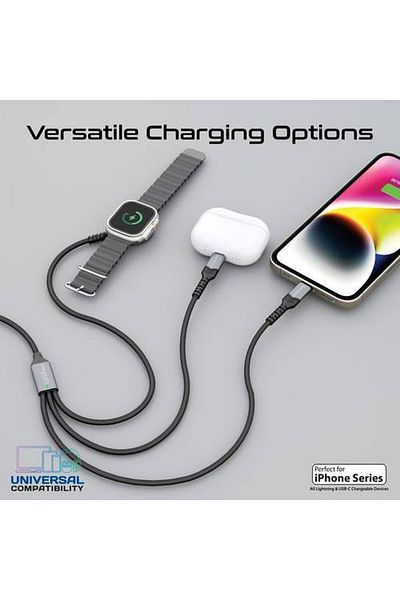 Promate iCharge-Trio 5-in-1 Multi-Connector Cable, featuring 60W Power Delivery for Ultra-Fast USB-C Connector,