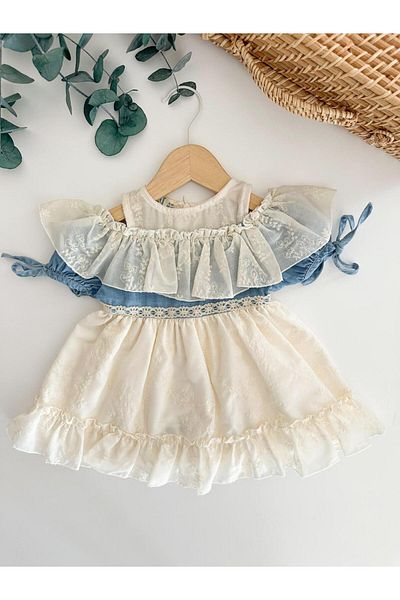 PİTABABY Denim Ruffle Embroidery Off-The-Shoulder Baby Girl Dress