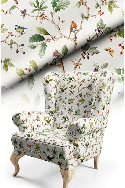 CANİLA Elegant Bird Pattern Digital Printed Upholstery Sofa Fabric. Cotton Lined Fabric