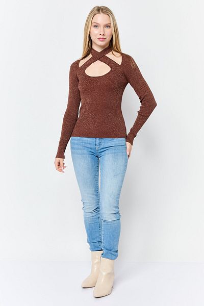 Asos Design Women Crisscross Metallic Sweater, Brown