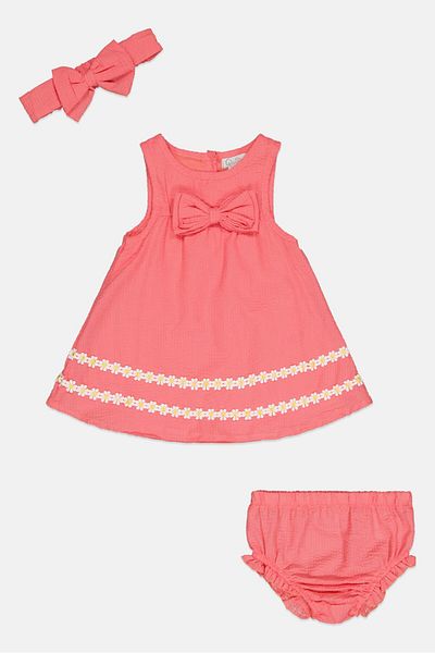 Quiltex Toddlers Girl 3 Pcs Lace Detail Dress, Panty and Headband Set, Coral