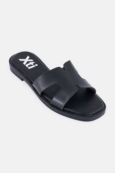 XTI صندل جلدي سهل الارتداء للنساء، أسود