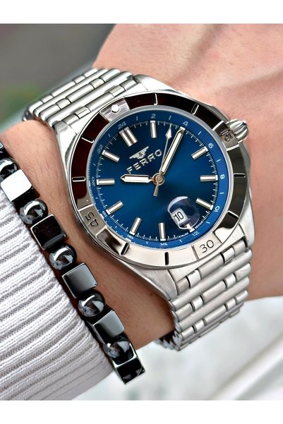 FERRO Silver Color Steel Case Cord Original Men's Wrist Watch + Bracelet