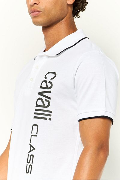 Cavalli Class Men Regular Fit Short Sleeve Brand Logo Polo Shirt, White
