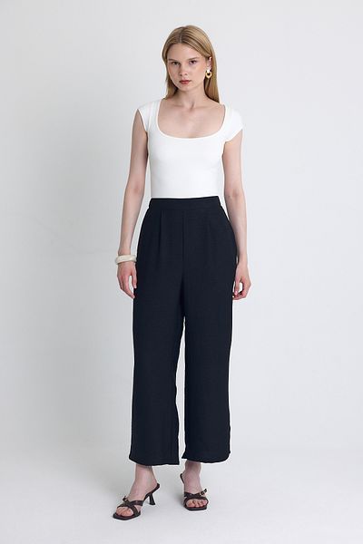 Rays Black High Waist Front Pleat Detail Cotton Wide Leg Pants 8014A