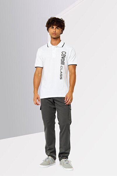 Cavalli Class Men Regular Fit Short Sleeve Brand Logo Polo Shirt, White