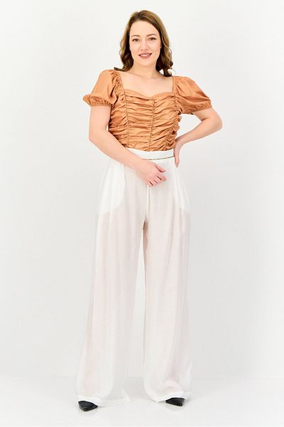 Koton Women Regular Fit Textured Wide Leg Pants, Off White