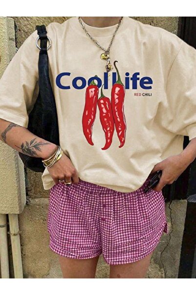 NO 601 Tricou largi oversize cu imprimeu Cool Life bej pentru femei