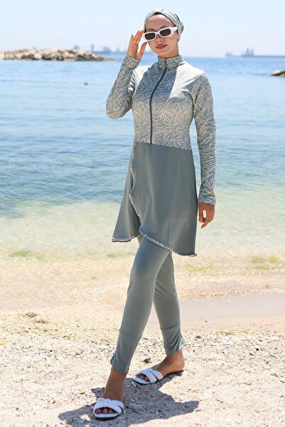hafsamina Yarım Fermuarlı Çiçek Desenli Tam Kapalı Tesettür Mayo Mint HM2786