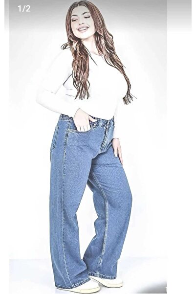 Lixera Pantaloni largi din denim Nina, cu talie super înaltă, din lycra, alba...