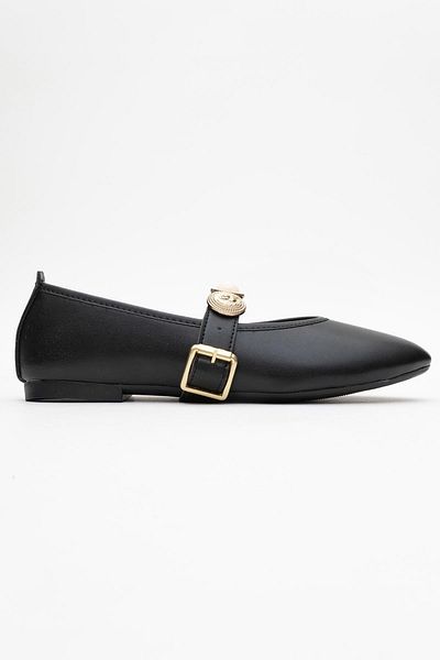 CCWAY AYAKKABI Women's Belted Crested Single-Piece Blunt-Toed Ballerinas Black