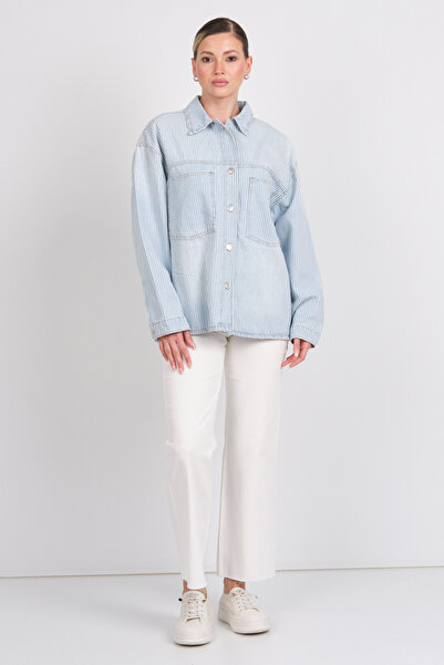 ONLY Women's Onlemmie Double Pocket Long Sleeve 100% Cotton Jean Shirt 15344174 Light Blue