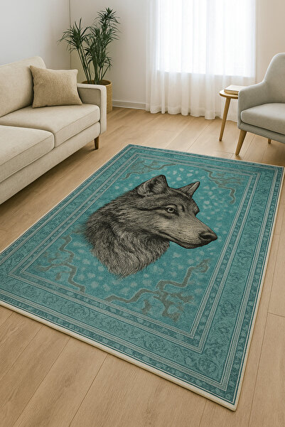 Halımax Kurt Desenli Turkuaz Antik Desen Kaymaz Taban Kilim Yıkanabilir Duvar Halısı Dekoratif Türkmen Halı