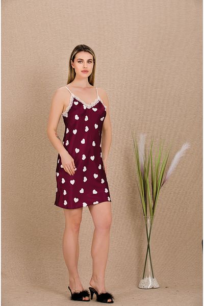 Lady Lingerie Heart Patterned, Suspended Satin Women's Nightgown 2-Piece Set