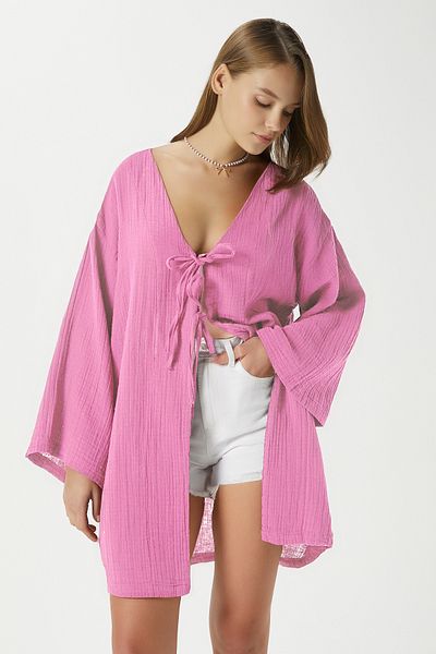 Ritnice Kimono roz cu șireturi Sandra 100% bumbac muselină pentru femei