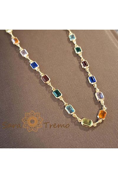 saratremo Gold-Plated Necklace with Multicolored Zirconia Crystals – 48 cm
