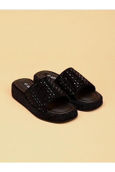 layki Laykly Stone Detailed Shiny Summer Model Platform Women's Black Slippers