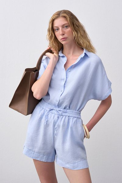 mathilda store Women's Blue Linen Shorts Shirt Set