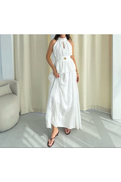 tülaybutik Women's Halter Neck White Dress Look Lined Blouse Skirt Suit