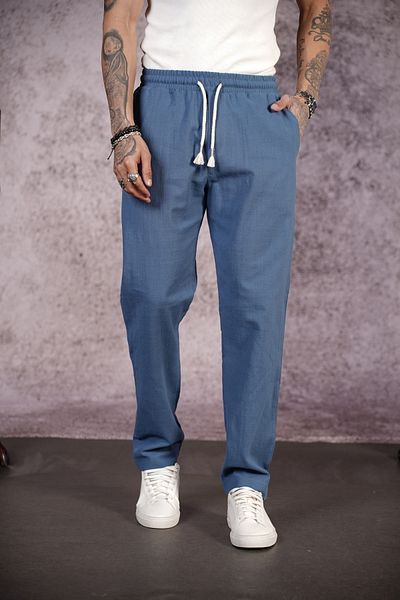 Butik Trend Biz Lycra Linen Fabric Regular Fit Trousers with Elastic Waist and Cord