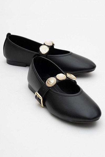 CCWAY AYAKKABI Women's Belted Crested Single-Piece Blunt-Toed Ballerinas Black