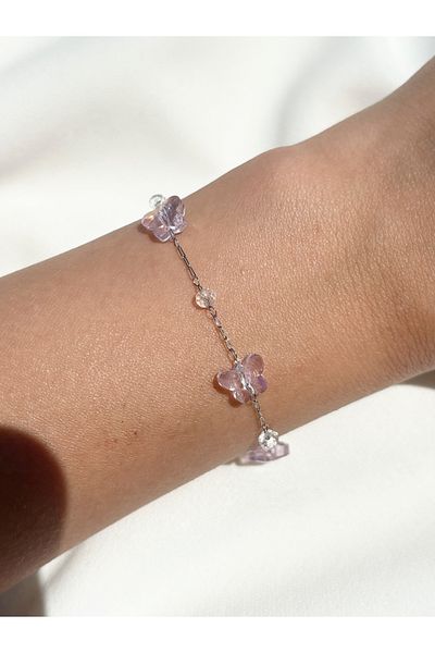 Eylülün Takısı Women's Silver Color Pink Butterfly Bracelet