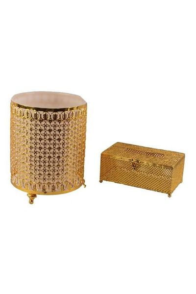 rexa Gold-Plated Tissue Box with Trash Can – 26x20 cm – Elegant Dual-Purpose Set