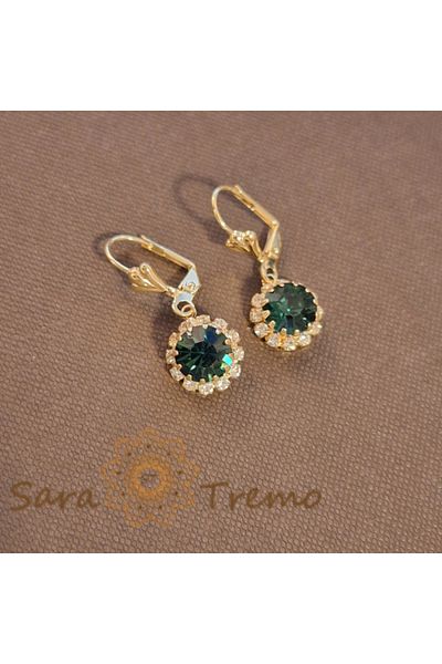 saratremo Earrings plated with 18K gold, marine-green and white zirconia crystals in chrysanthemum shape