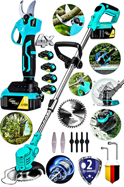 Lieber German L-21 Volt Kömürsüz Motor 4 Akülü Ot Çim Kesme Tırpan Makinesi +...