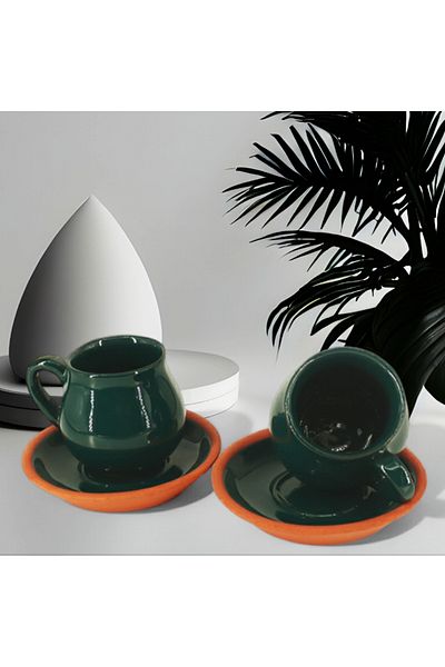 vegahediye v vega Set of 2 Handmade Green Color Clay Turkish Coffee Cup Gift Set